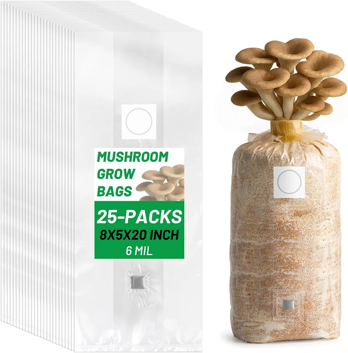 GREANER Mushroom Grow Bags 6 Mil, 8"x5"x20" Thick Autoclave Spawn Bags with Injection Port for Your Grain-25PCS
