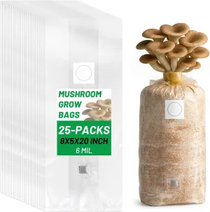 GREANER Mushroom Grow Bags 6 Mil, 8"x5"x20" Thick Autoclave Spawn Bags with Injection Port for Your Grain-25PCS