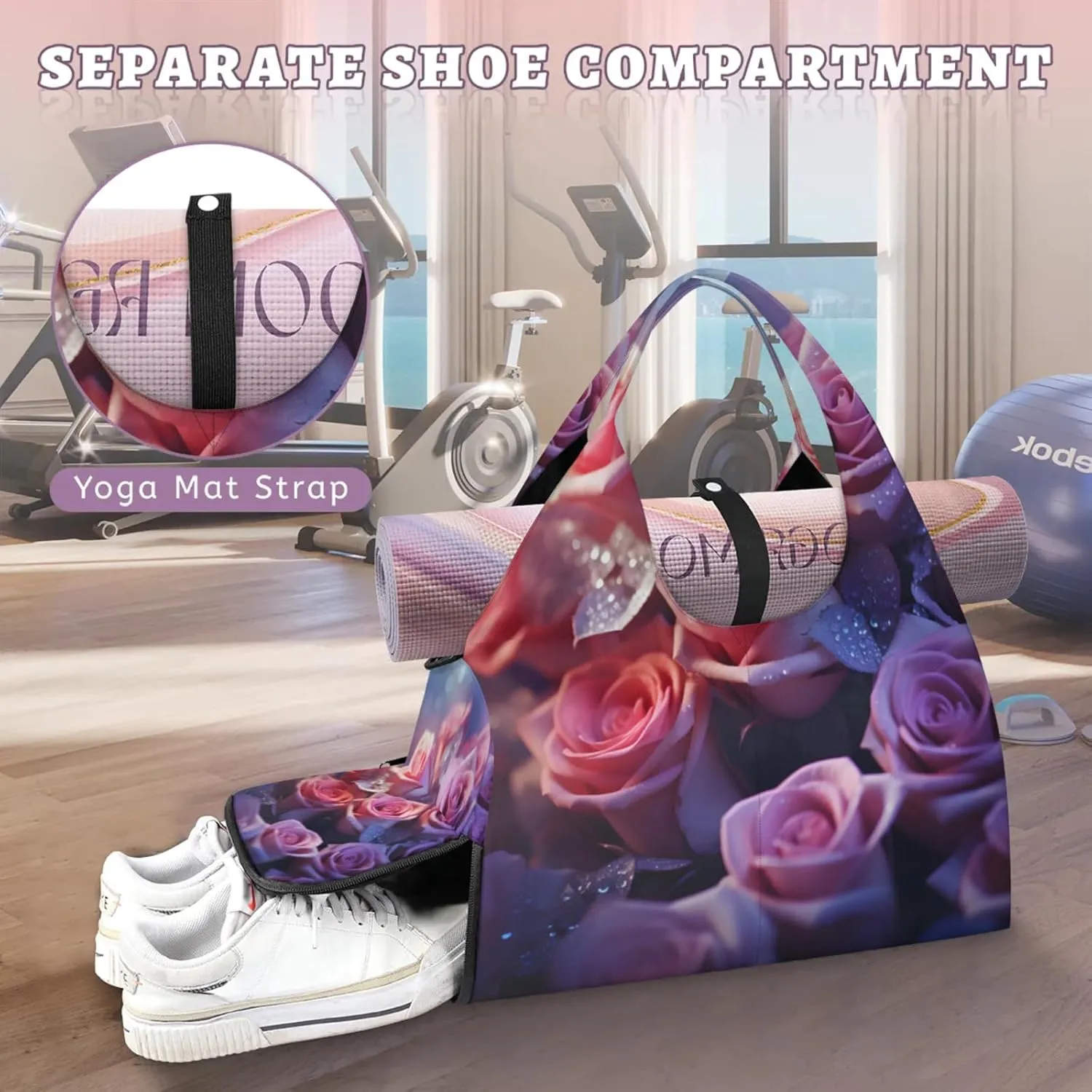 Gym Bag for Women Blossoming Rose Duffel Bag with Shoe Compartment and Yoga Mat Holder Portable Weekender Bags Travel Tote Bags