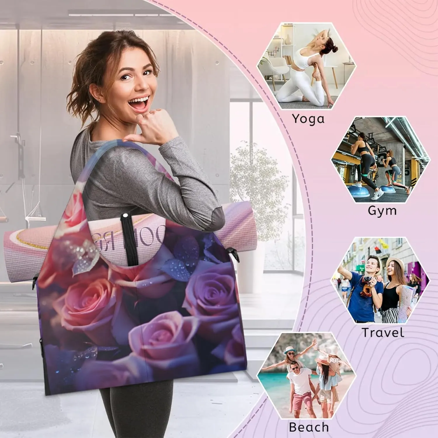 Gym Bag for Women Blossoming Rose Duffel Bag with Shoe Compartment and Yoga Mat Holder Portable Weekender Bags Travel Tote Bags