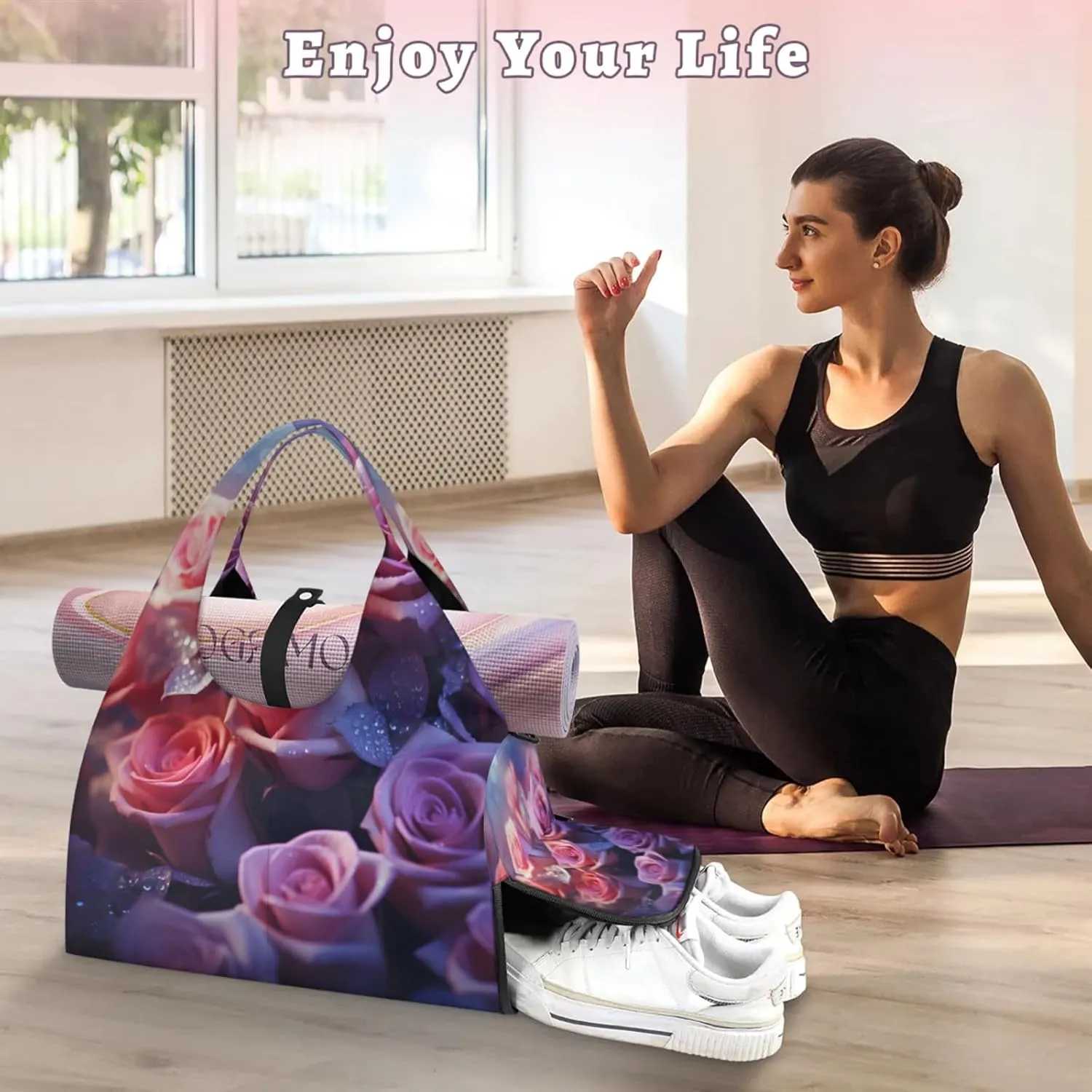 Gym Bag for Women Blossoming Rose Duffel Bag with Shoe Compartment and Yoga Mat Holder Portable Weekender Bags Travel Tote Bags