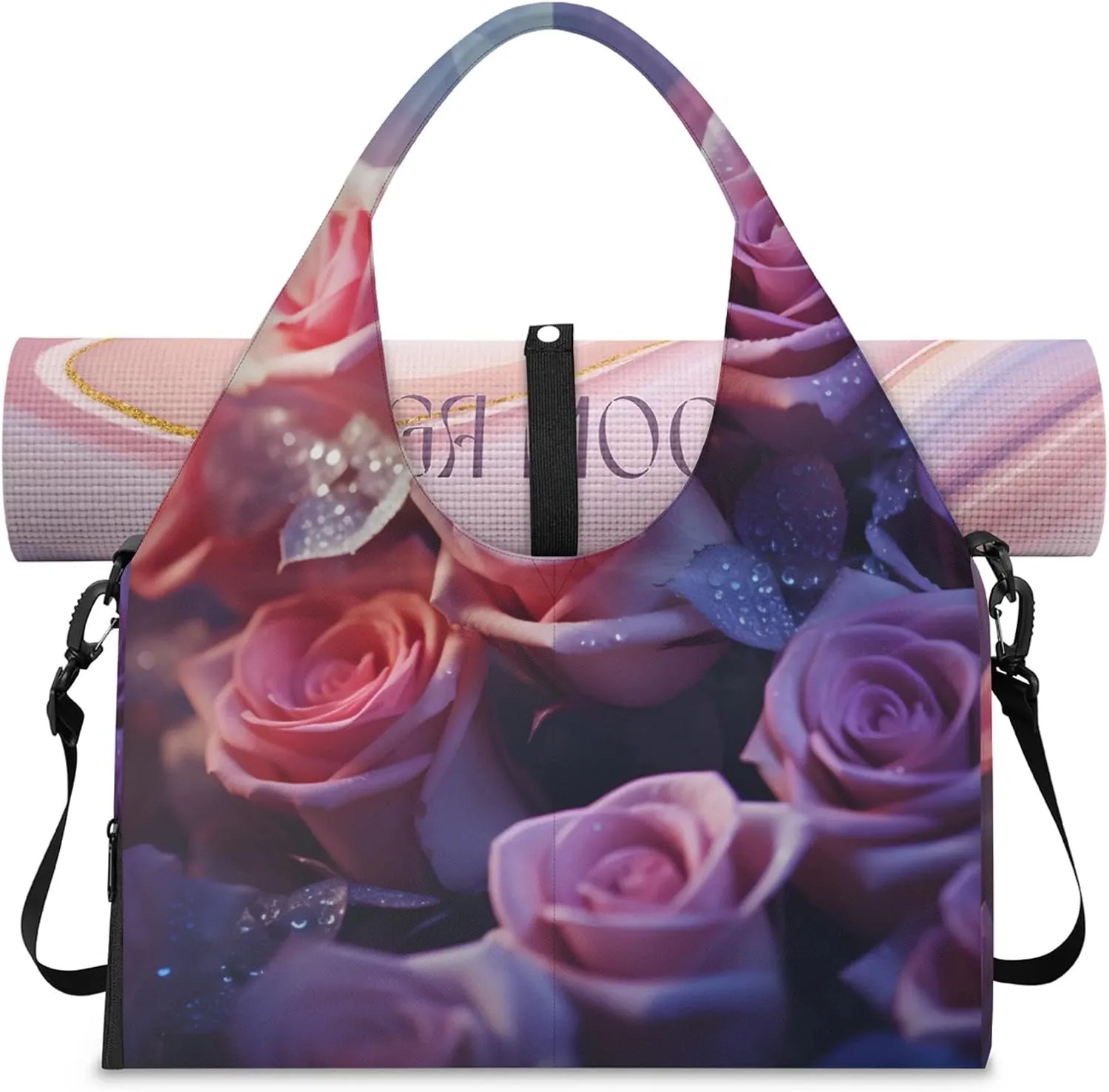Gym Bag for Women Blossoming Rose Duffel Bag with Shoe Compartment and Yoga Mat Holder Portable Weekender Bags Travel Tote Bags