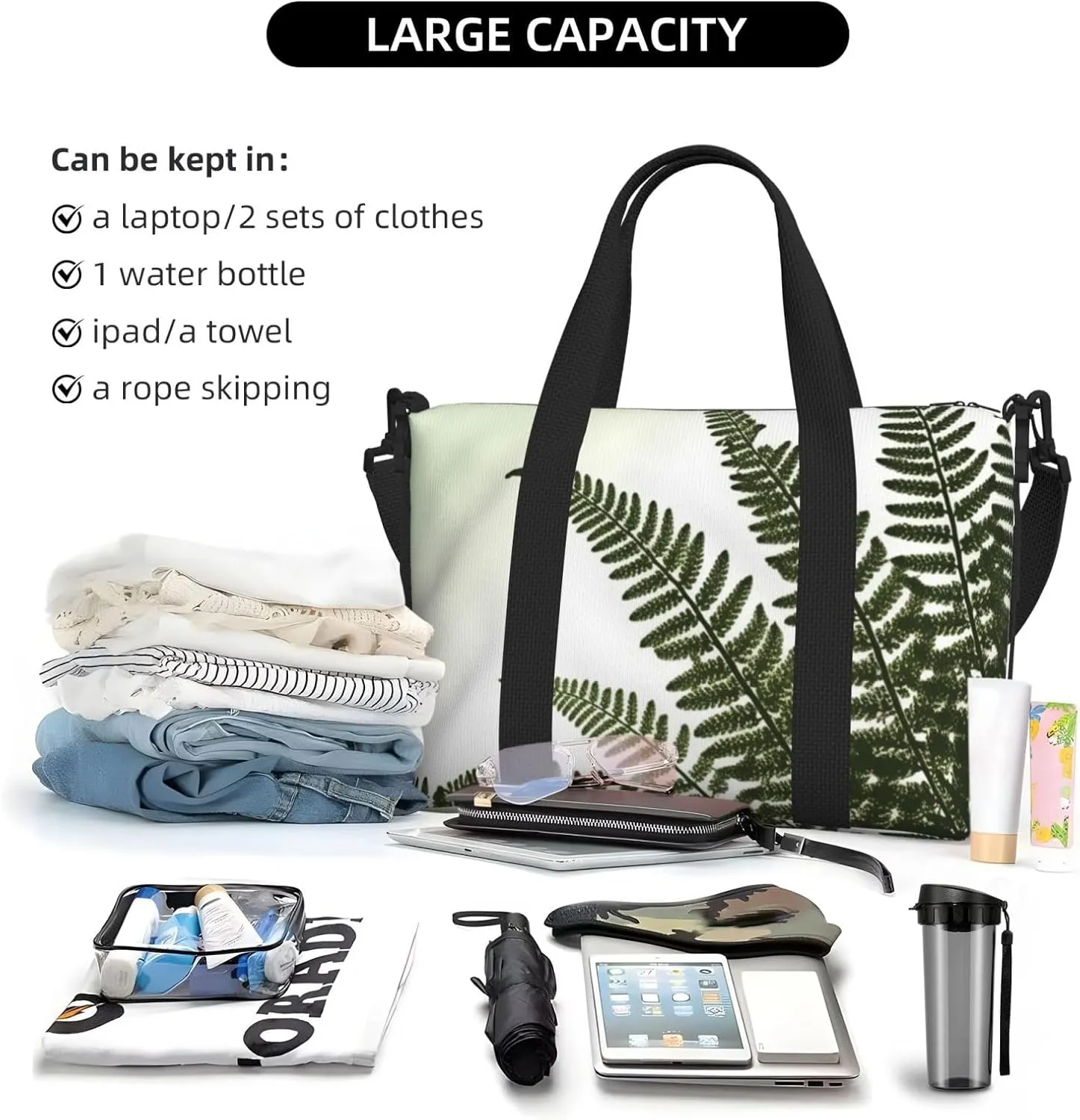 Gym Bag natural plant fern leaf Duffel Bag for Men Women Travel Overnight Bag with Shoe Compartment Workout Bags