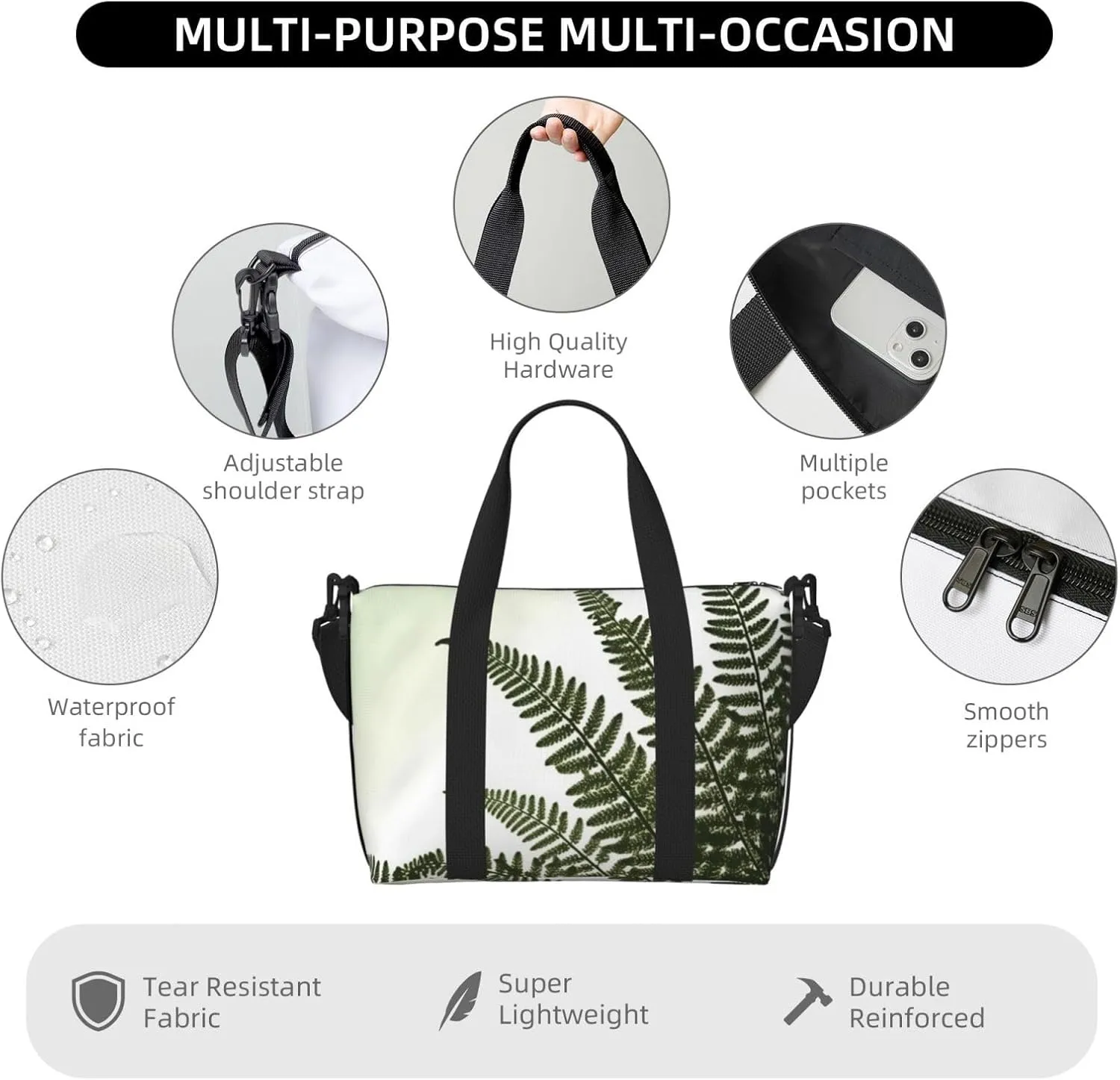 Gym Bag natural plant fern leaf Duffel Bag for Men Women Travel Overnight Bag with Shoe Compartment Workout Bags