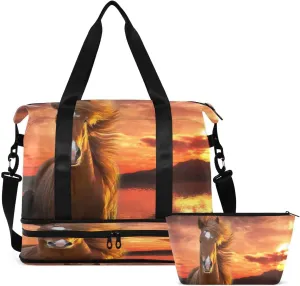 Gym Bag Sports Travel Duffel Bag Weekender Overnight Bag with Wet Pocket Shoes Compartment and Toiletry Bag Sunset Horse for Travel, Business,Gym, Yoga