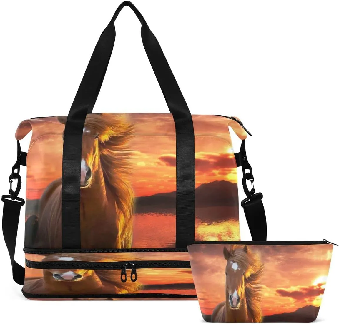 Gym Bag Sports Travel Duffel Bag Weekender Overnight Bag with Wet Pocket Shoes Compartment and Toiletry Bag Sunset Horse for Travel, Business,Gym, Yoga