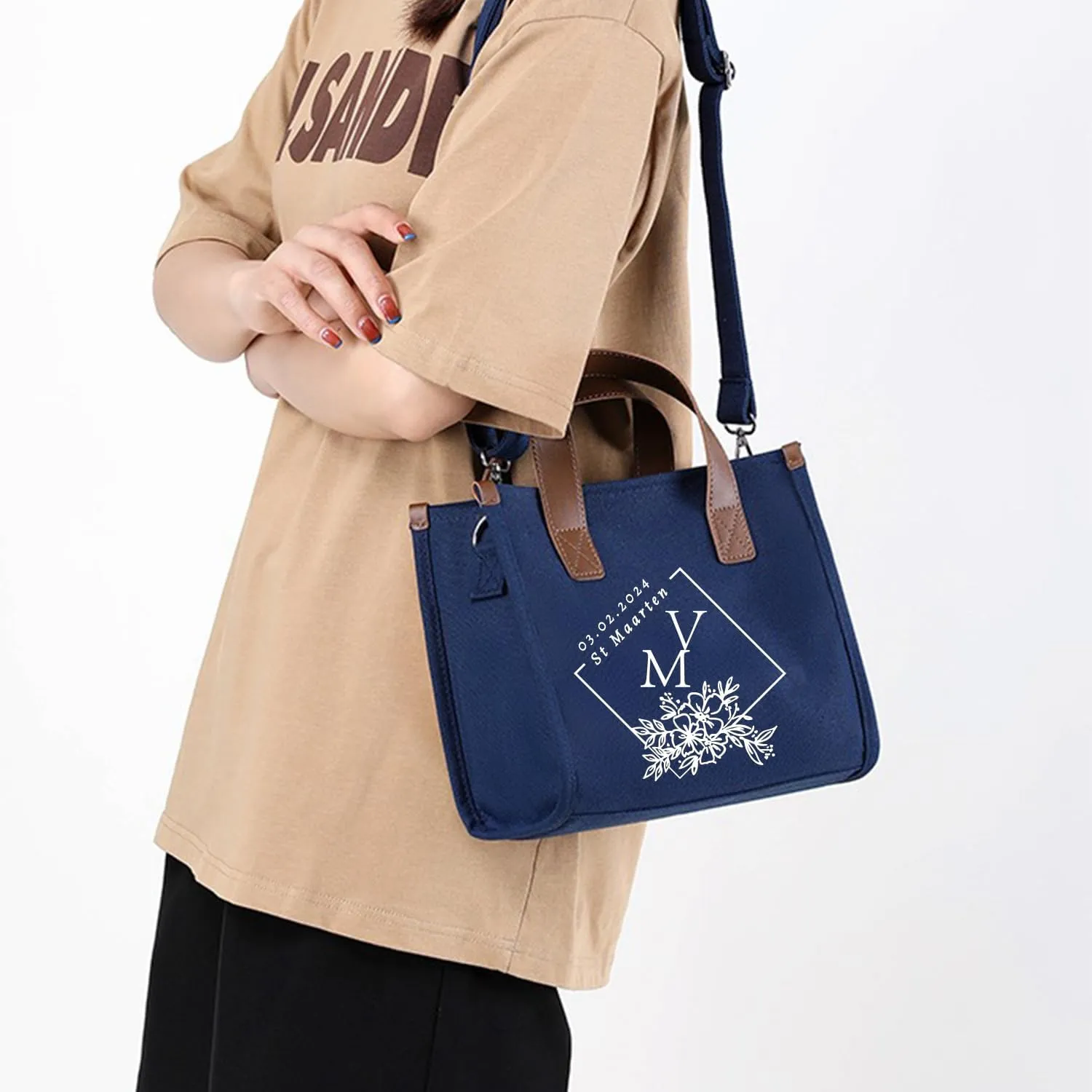 GZLDGIFTS Personalized Womens Tote HandBag Adjustable Shopping Cloth Fashion Birthday Wedding Custom Initials Gift