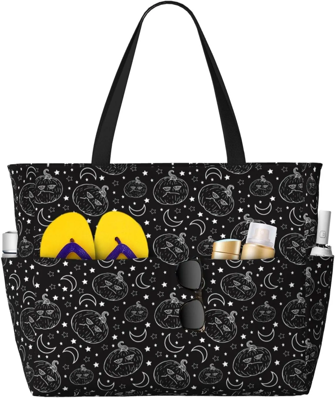 Halloween Moody Pumpkin Large Beach Tote Bag for Women Extra Large Capacity Waterproof Sandproof Pool Bag Suitable for Swimming Pool Gym Travel