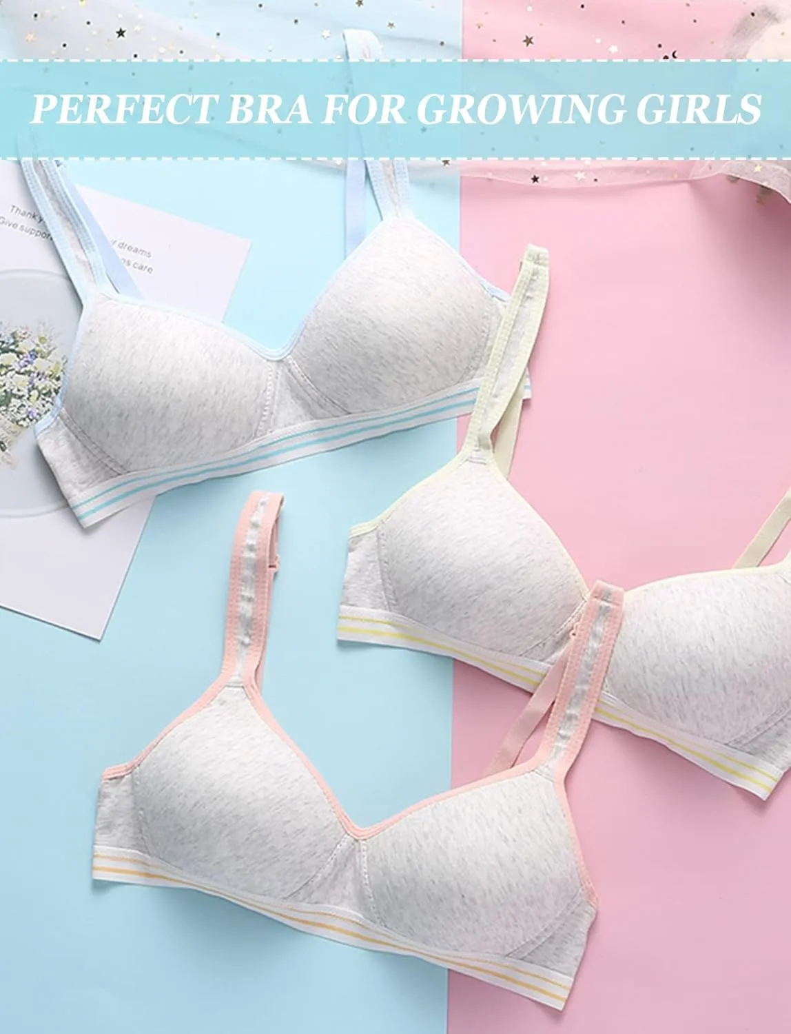 Happy Cherry Teens Training Bras for Girl Adjustable Cotton Bra with Padded Soft Lightly Wireless Training Bra Pack of 6
