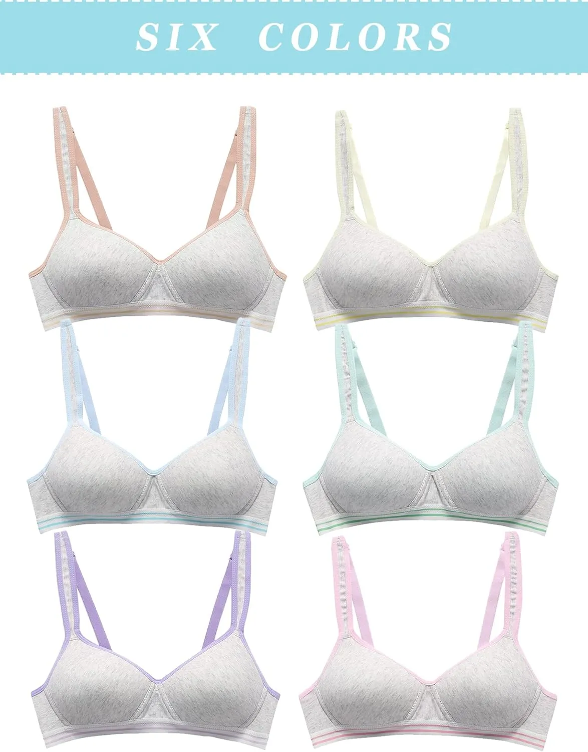 Happy Cherry Teens Training Bras for Girl Adjustable Cotton Bra with Padded Soft Lightly Wireless Training Bra Pack of 6