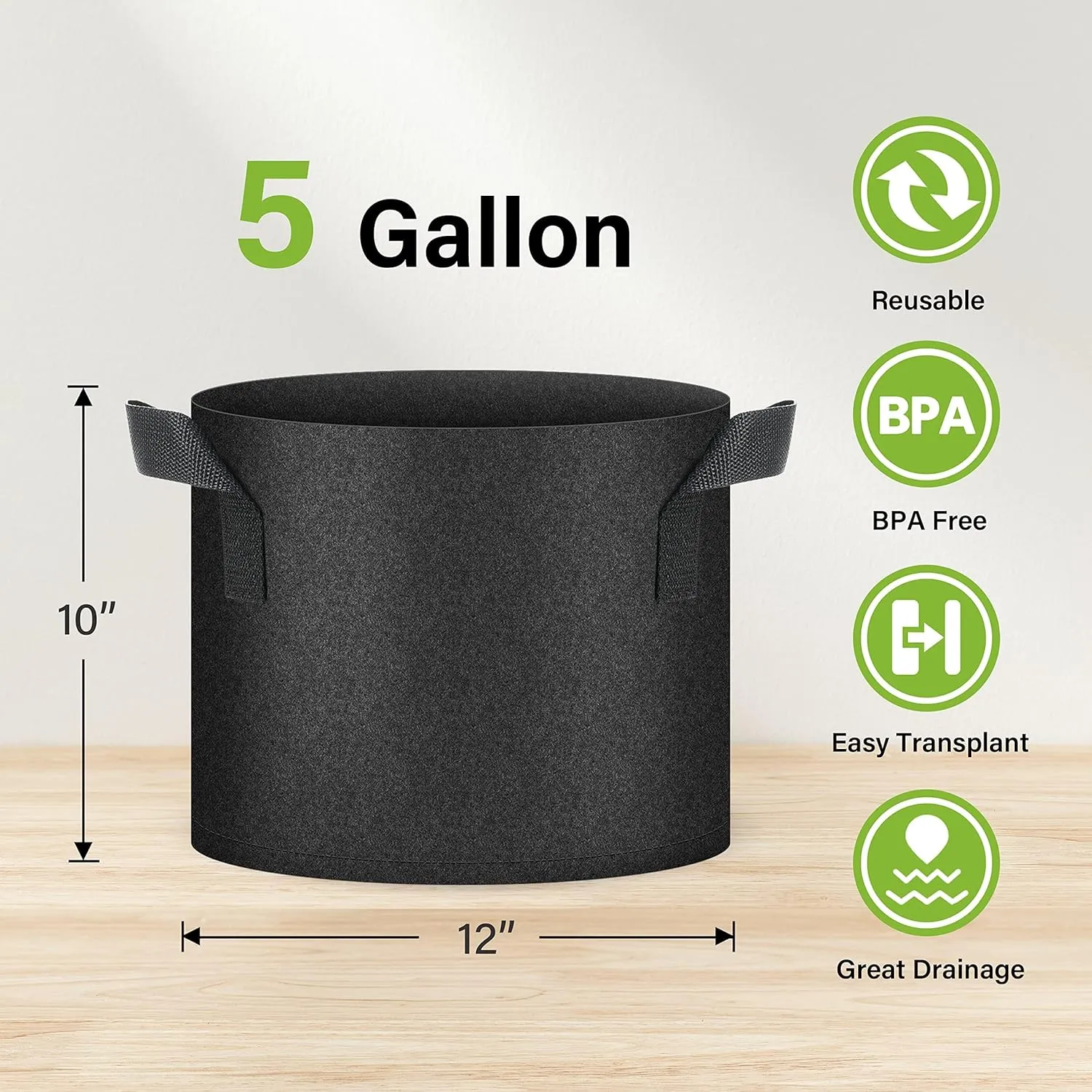 HealSmart 5 Gallon 10 Pack Plant Grow Bags, Tomoato Planter Pots with Handles, Aeration Nonwoven Fabric, Heavy Duty Gardening Planter for Vegetable, Herbs and Flowers, Black