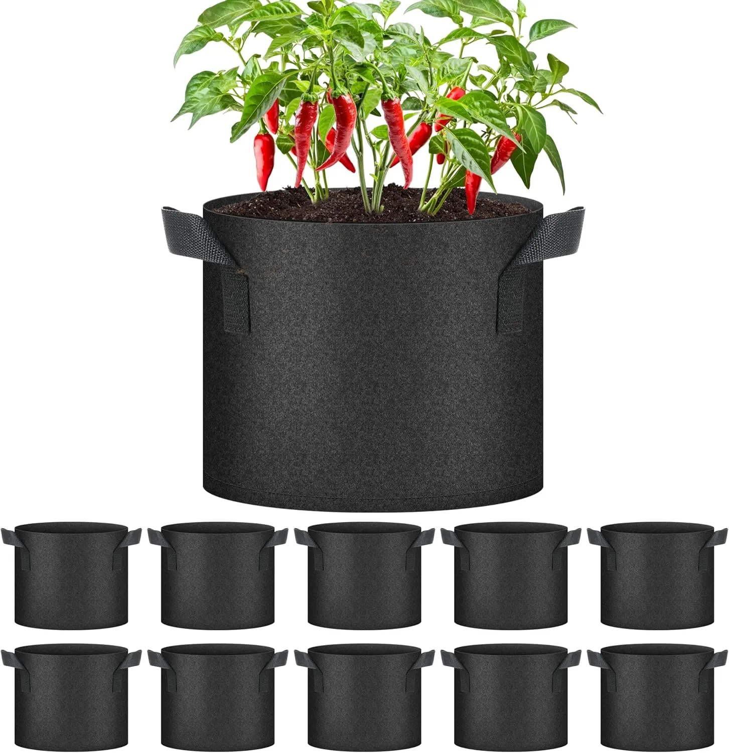 HealSmart 5 Gallon 10 Pack Plant Grow Bags, Tomoato Planter Pots with Handles, Aeration Nonwoven Fabric, Heavy Duty Gardening Planter for Vegetable, Herbs and Flowers, Black