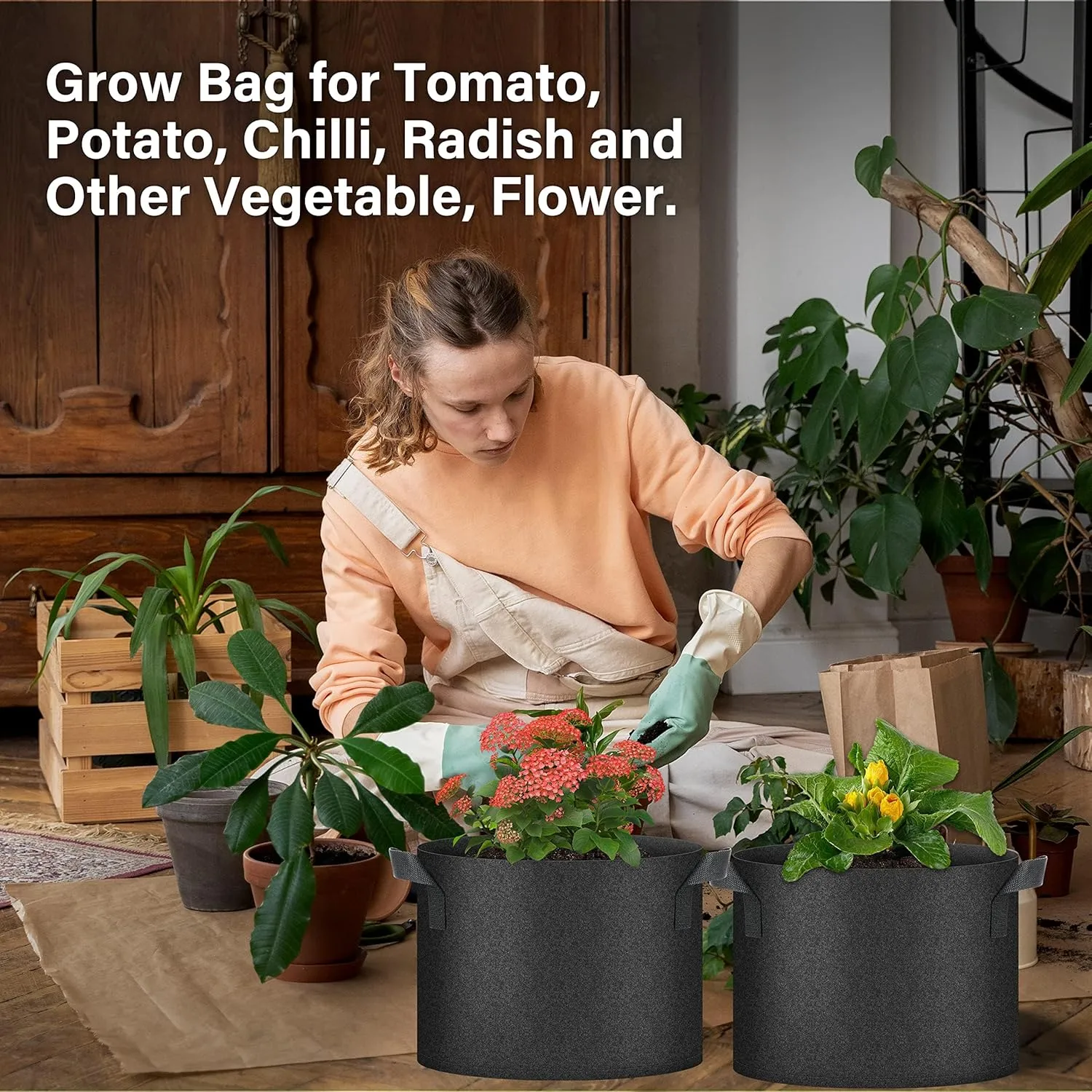 HealSmart 5 Gallon 10 Pack Plant Grow Bags, Tomoato Planter Pots with Handles, Aeration Nonwoven Fabric, Heavy Duty Gardening Planter for Vegetable, Herbs and Flowers, Black