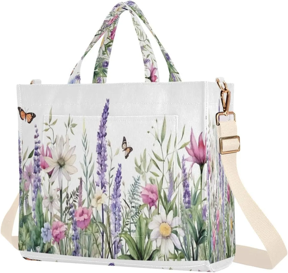 Herbs and Wild Flowers Corduroy Tote Bag for Women Hobo Crossbody Bag Purse Stylish Shoulder Handbag Messenger Bags, S