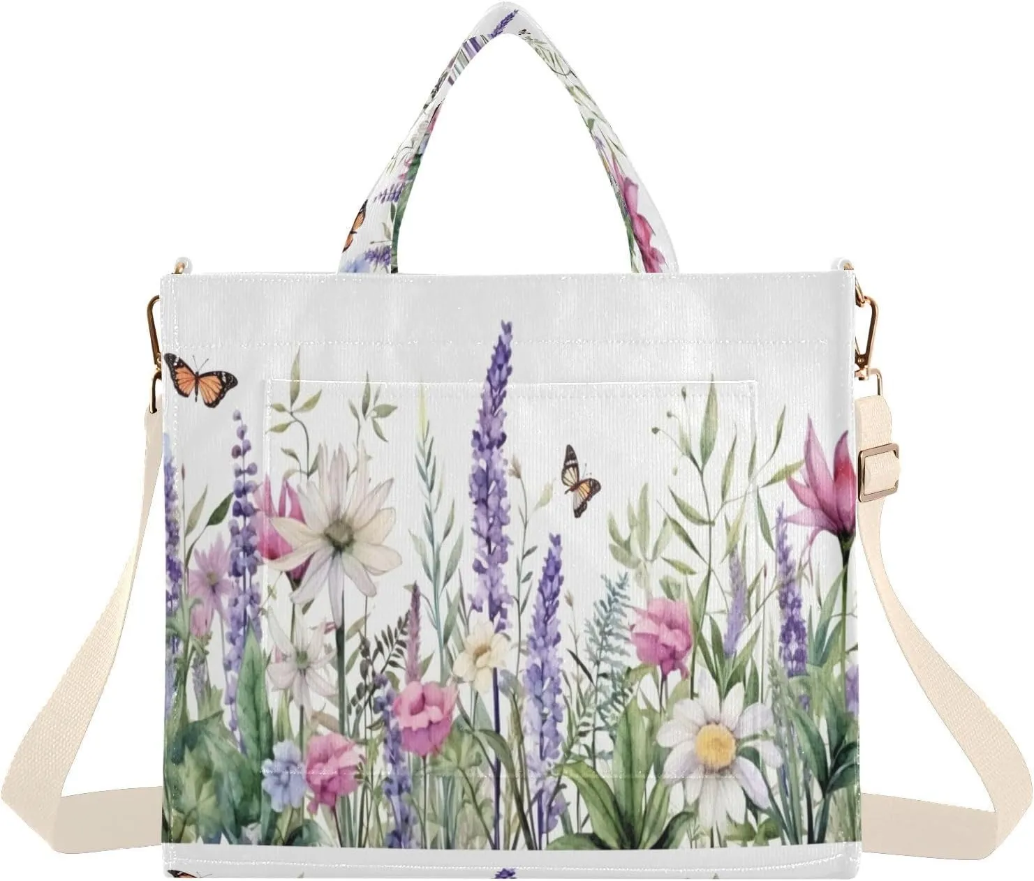Herbs and Wild Flowers Corduroy Tote Bag for Women Hobo Crossbody Bag Purse Stylish Shoulder Handbag Messenger Bags, S