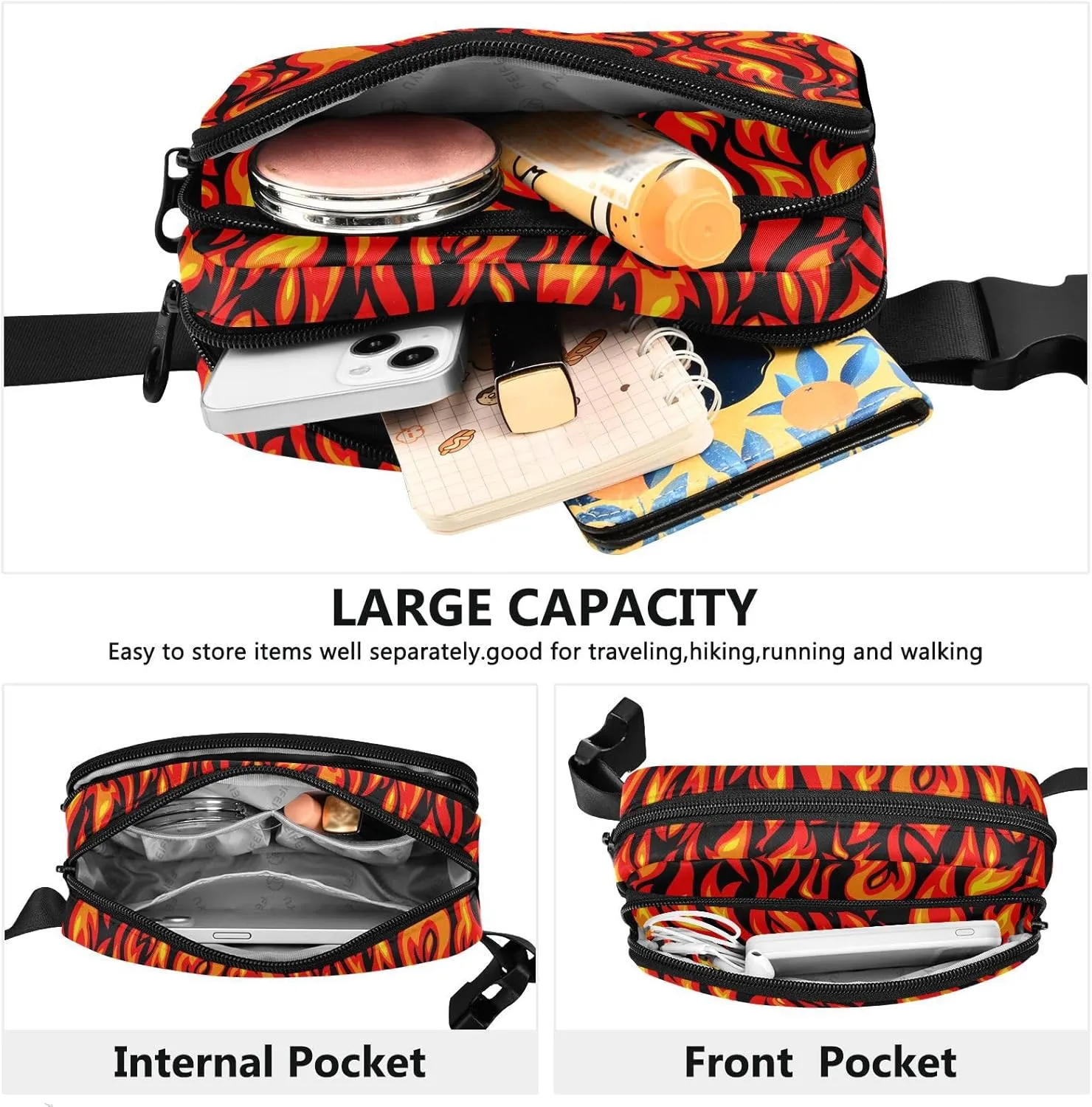 Hiking Fanny Pack Flame Print Waist Pack Fashion Casual Hip Bum Bag with Adjustable Strap for Women & Men Hands Free Crossbody Bags for Outdoors, Hiking, Running, Travel