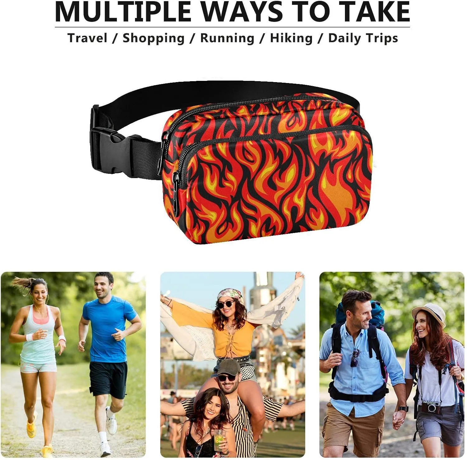 Hiking Fanny Pack Flame Print Waist Pack Fashion Casual Hip Bum Bag with Adjustable Strap for Women & Men Hands Free Crossbody Bags for Outdoors, Hiking, Running, Travel