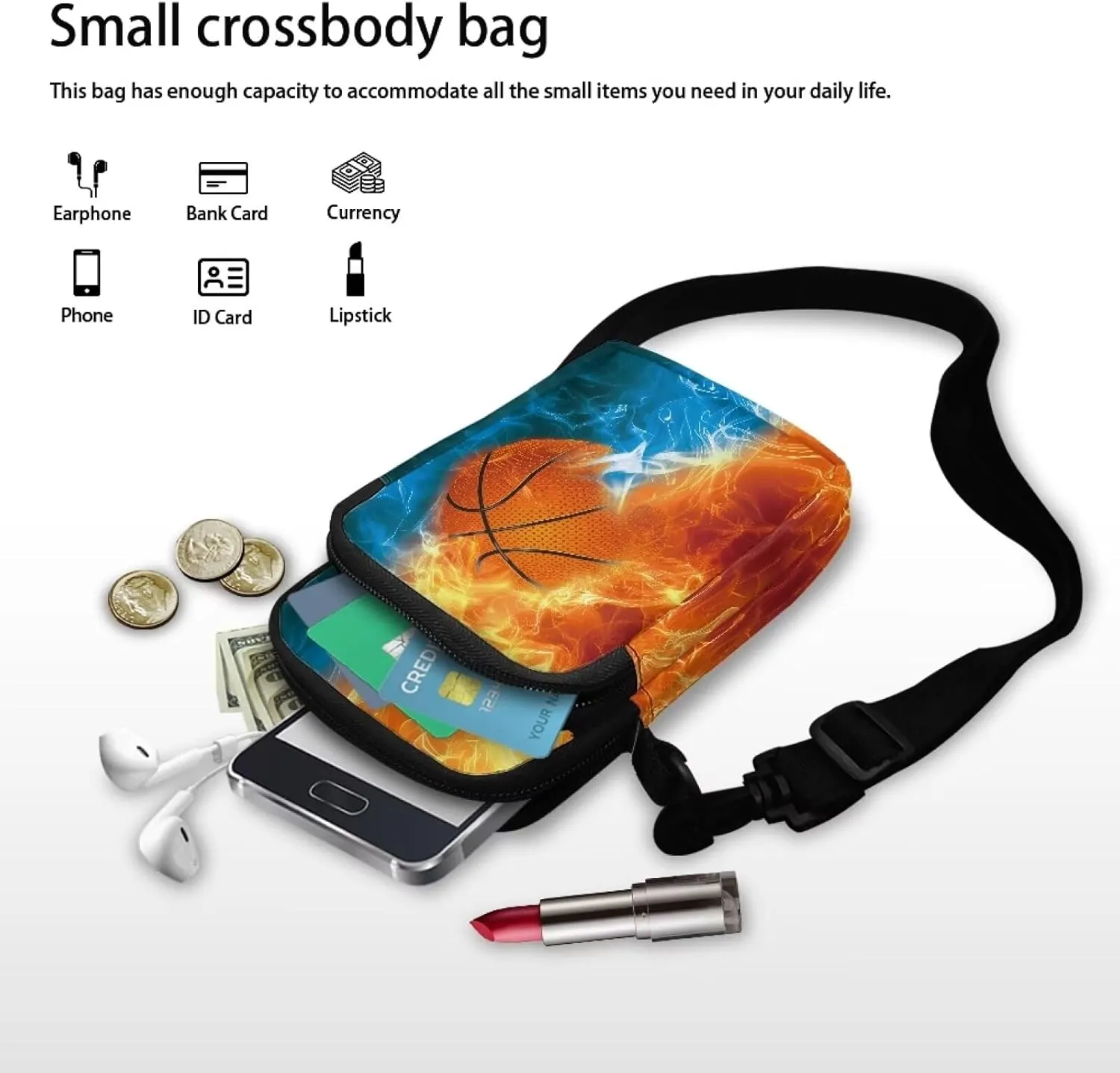 HUGS IDEA Small Messenger Bag Orange and Blue Fire Basketball Print Mini Handbag Crossbody Shoulder Bags with Adjustable Strap