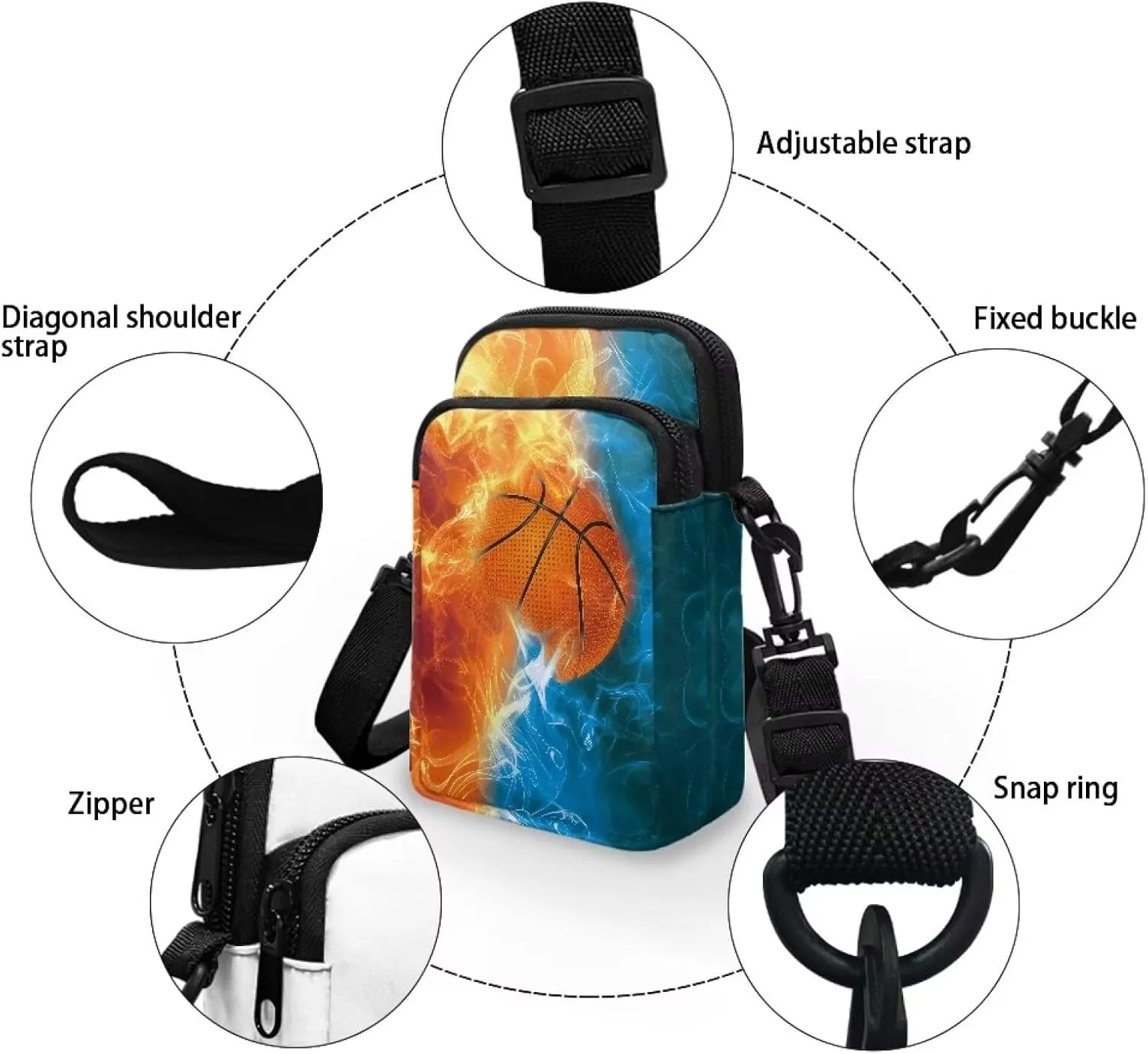 HUGS IDEA Small Messenger Bag Orange and Blue Fire Basketball Print Mini Handbag Crossbody Shoulder Bags with Adjustable Strap