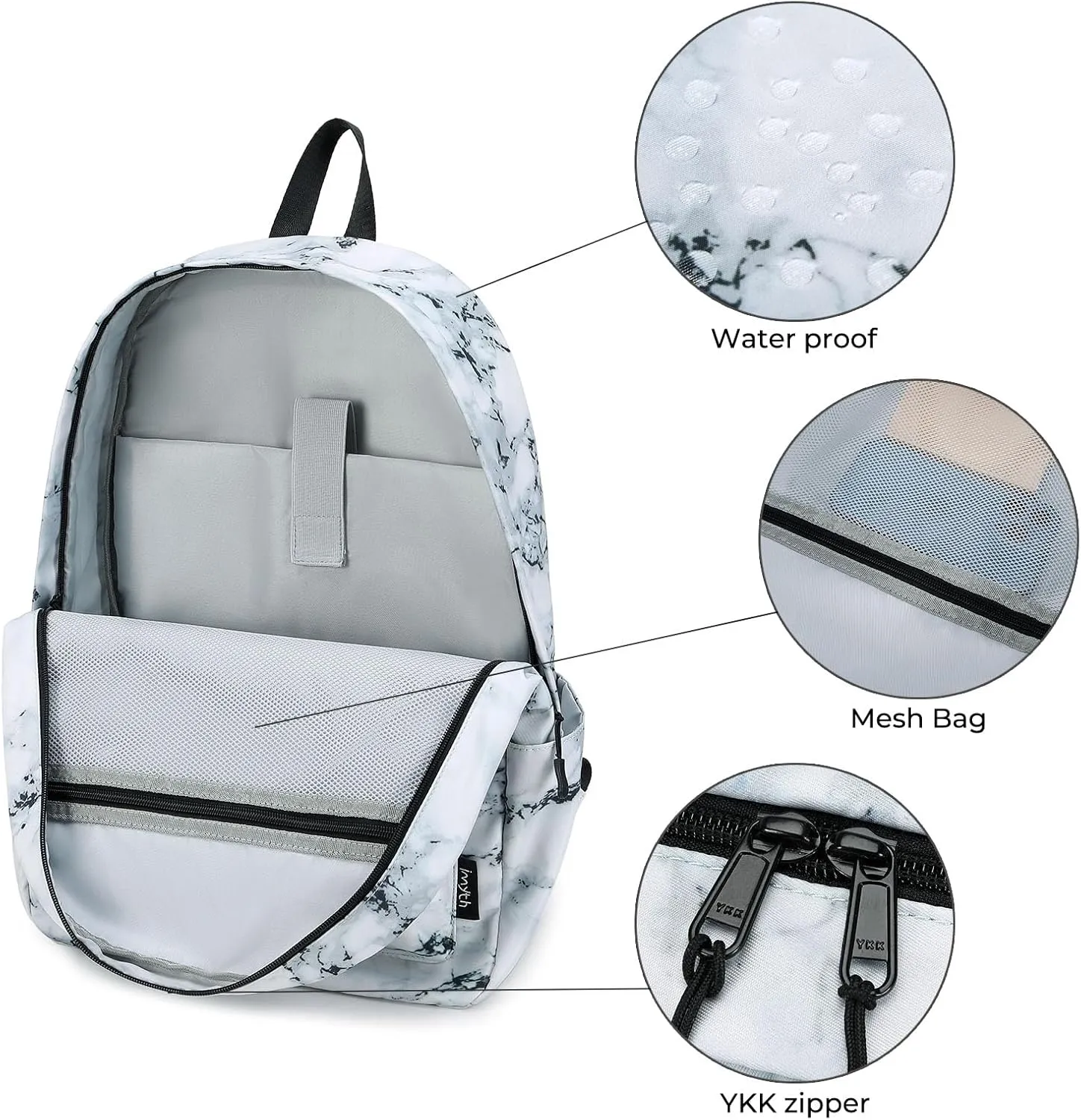 Imyth Backpack for Teen Girls School Gift Bookbag Lunch Box Pencil Bag 3 in 1 Set (Marble-White)