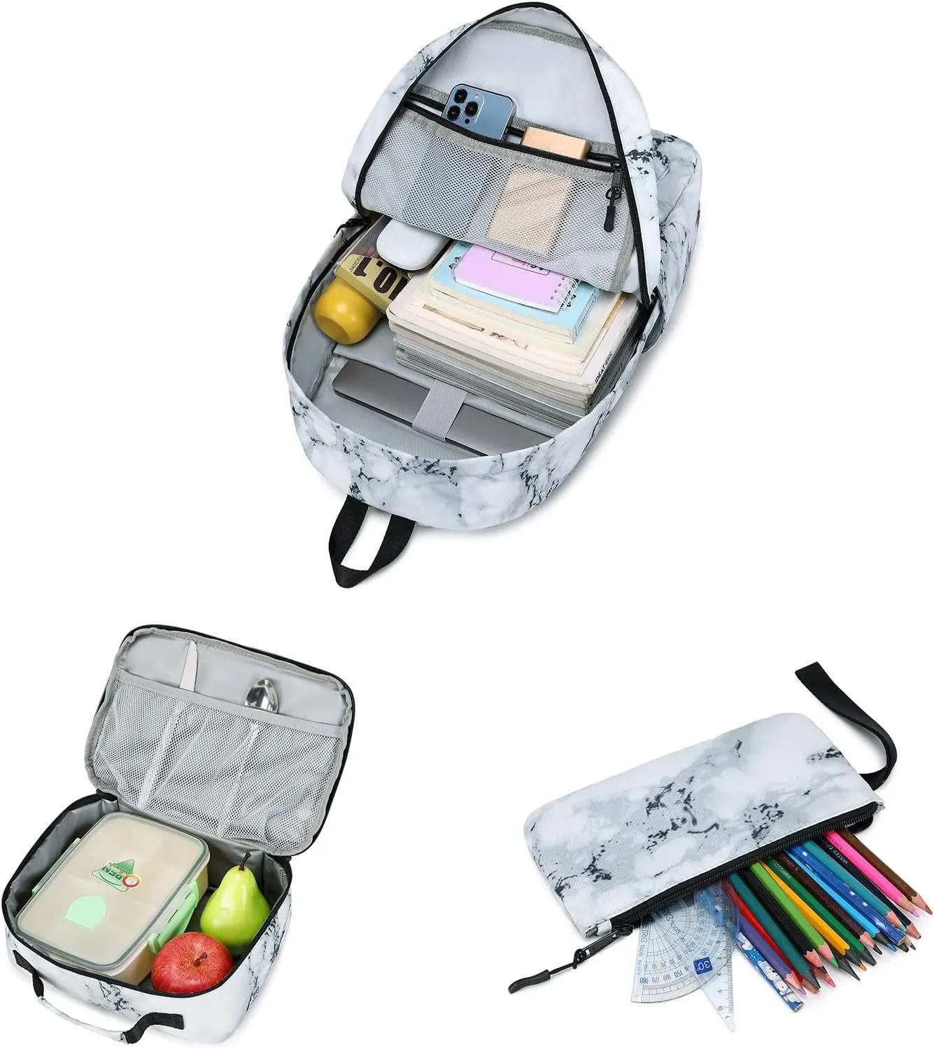 Imyth Backpack for Teen Girls School Gift Bookbag Lunch Box Pencil Bag 3 in 1 Set (Marble-White)