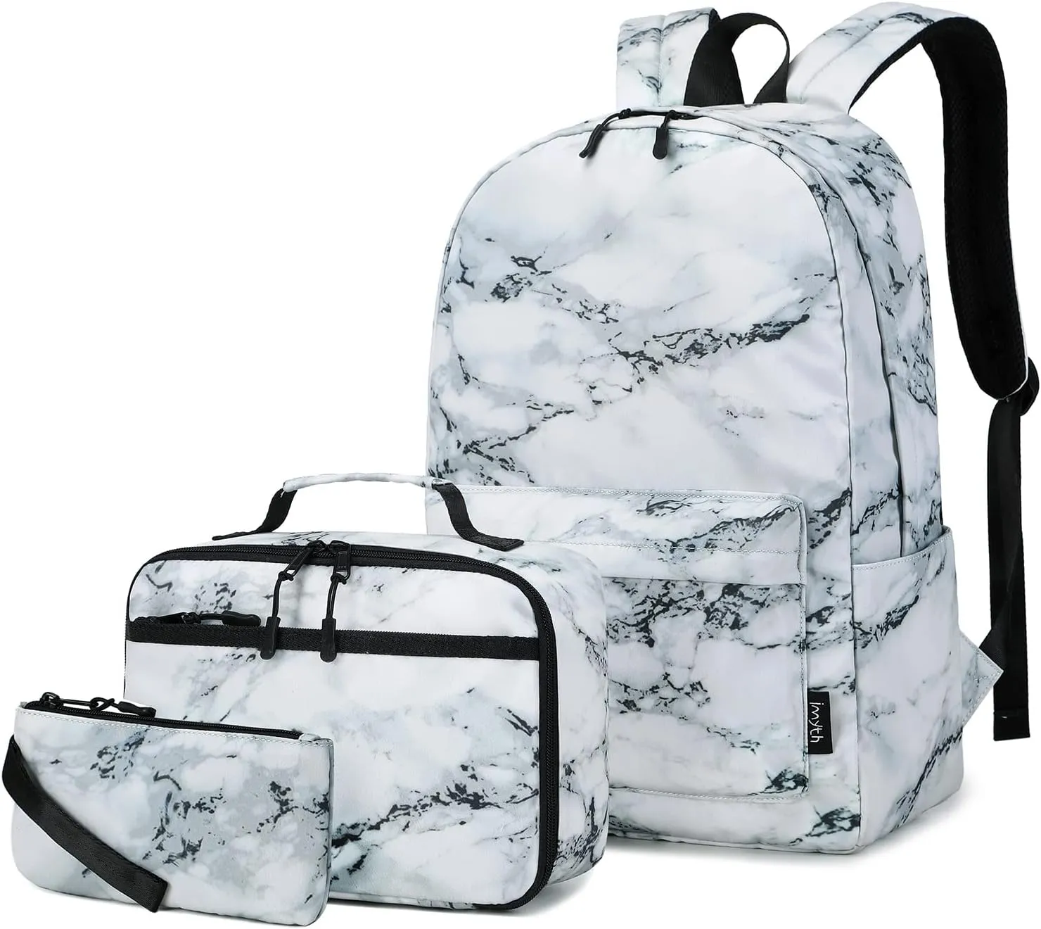 Imyth Backpack for Teen Girls School Gift Bookbag Lunch Box Pencil Bag 3 in 1 Set (Marble-White)