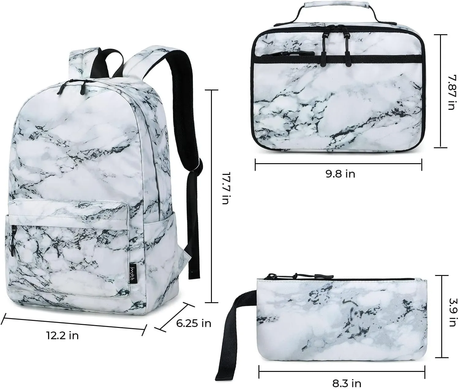 Imyth Backpack for Teen Girls School Gift Bookbag Lunch Box Pencil Bag 3 in 1 Set (Marble-White)