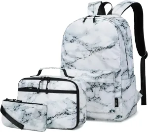 Imyth Backpack for Teen Girls School Gift Bookbag Lunch Box Pencil Bag 3 in 1 Set (Marble-White)