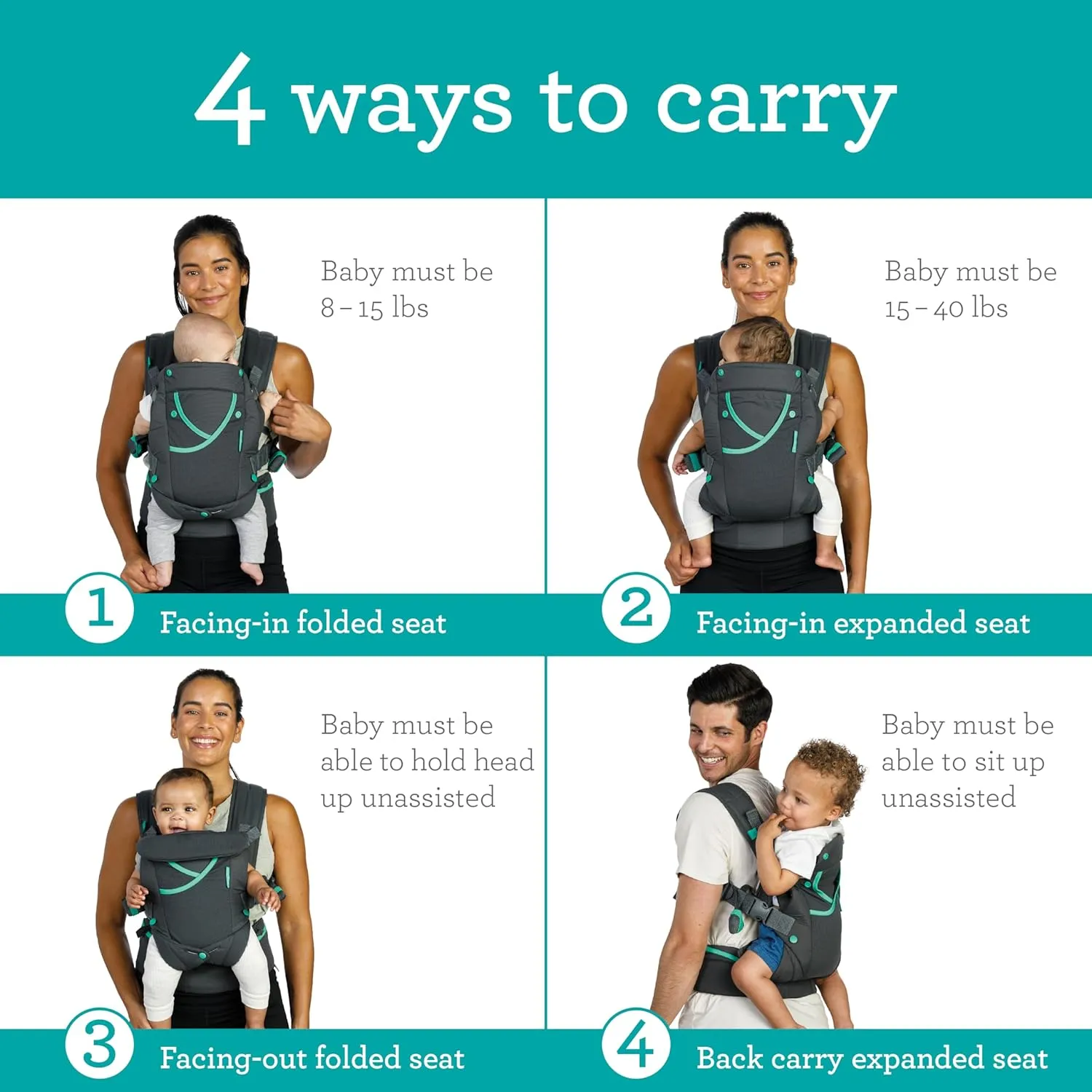 Infantino Carry On Active - Ergonomic Multi-Pocket Infant & Toddler Carrier, 8-40 lbs, with Padded Straps, Lumbar Belt Storage & Pacifier Loop