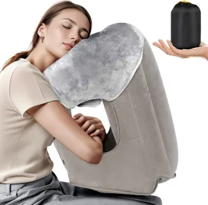 Inflatable Travel Pillow, Airplane Neck Pillow for Traveling, Travel Pillow with Storage Bag, Avoid Neck Shoulder Pain, Sleeping Cushion for Airplane Bus Car Train Office, Easy to Carry, Grey