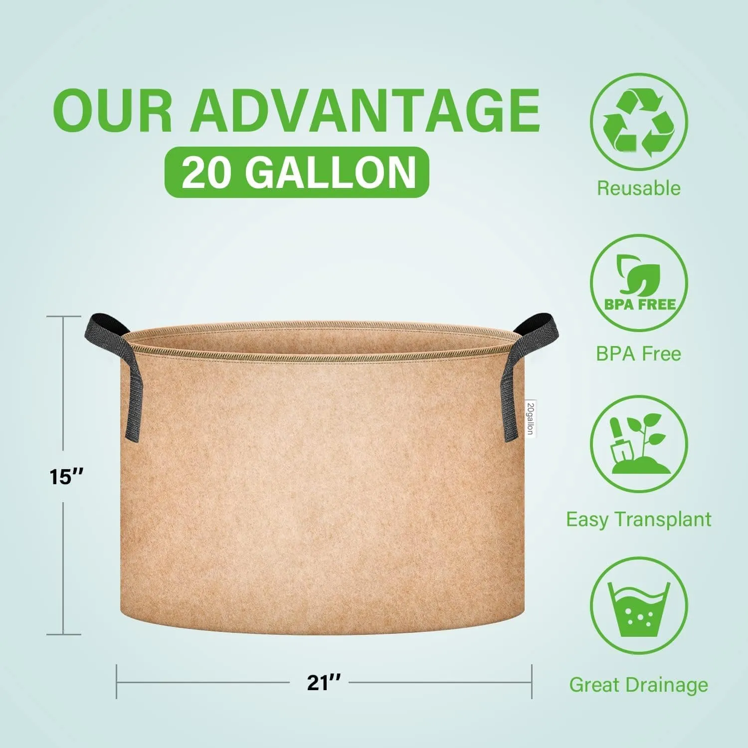 iPower 20 Gallon 5 Pack Grow Bags Nonwoven Fabric Pots Aeration Container with Strap Handles for Garden and Planting, 5-Pack Tan, 20 Gallon 20 Gallon