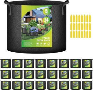 iPower 24-Pack 5 Gallon Grow Bags Heavy Duty Thickened Aeration Nonwoven Fabric Pots with Nylon Handles and 24 Labels, for Planting Vegetables, Fruits, Flowers, Black