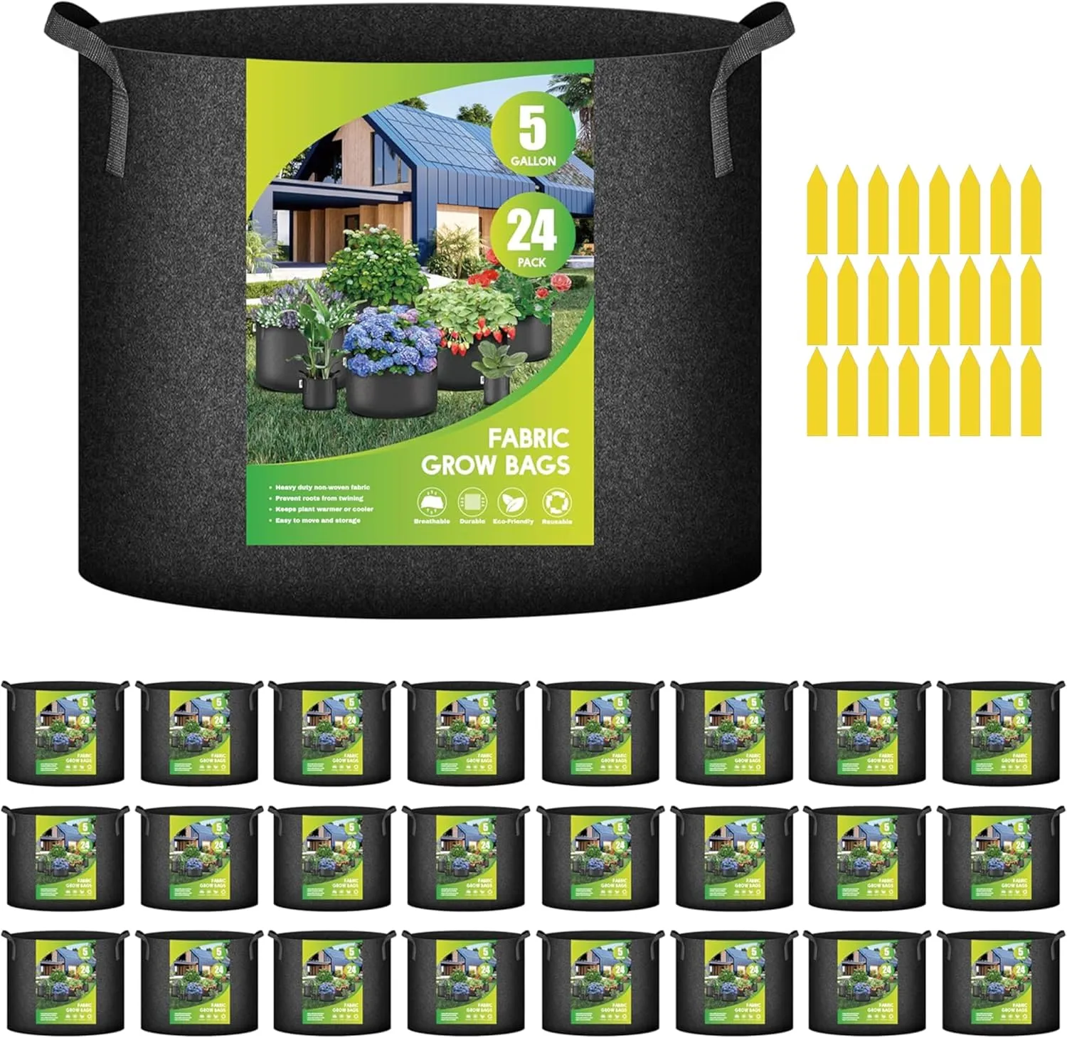 iPower 24-Pack 5 Gallon Grow Bags Heavy Duty Thickened Aeration Nonwoven Fabric Pots with Nylon Handles and 24 Labels, for Planting Vegetables, Fruits, Flowers, Black