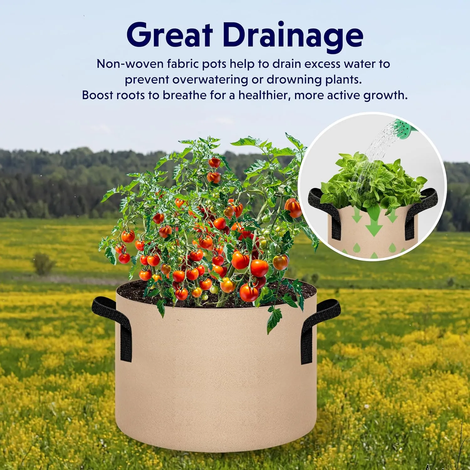 iPower 5 Pack 15 Gallon Tan Grow Bags, Garden Planting Nonwoven Fabric Pots with Reinforced Handle, Heavy Duty and Aeration Planter Pot for Tomato, Fruits, Vegetables and Flowers