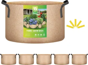 iPower 5 Pack 15 Gallon Tan Grow Bags, Garden Planting Nonwoven Fabric Pots with Reinforced Handle, Heavy Duty and Aeration Planter Pot for Tomato, Fruits, Vegetables and Flowers