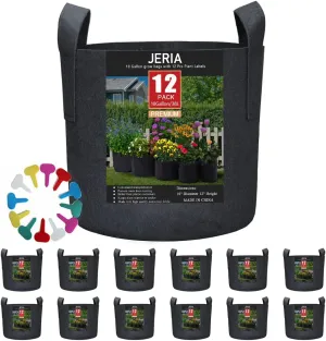 JERIA 12-Pack 10 Gallon, Vegetable/Flower/Plant Grow Bags, Aeration Fabric Pots with Handles (Black), Come with 12 Pcs Plant Labels