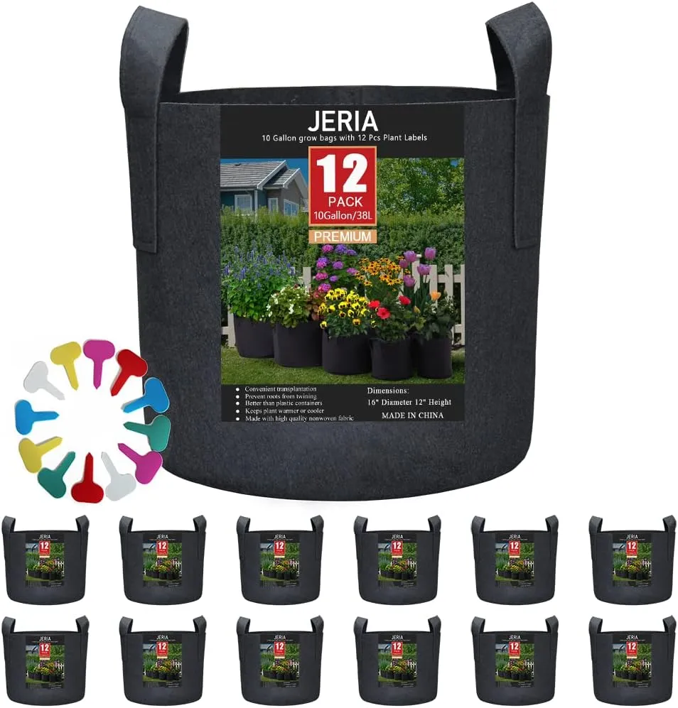 JERIA 12-Pack 10 Gallon, Vegetable/Flower/Plant Grow Bags, Aeration Fabric Pots with Handles (Black), Come with 12 Pcs Plant Labels
