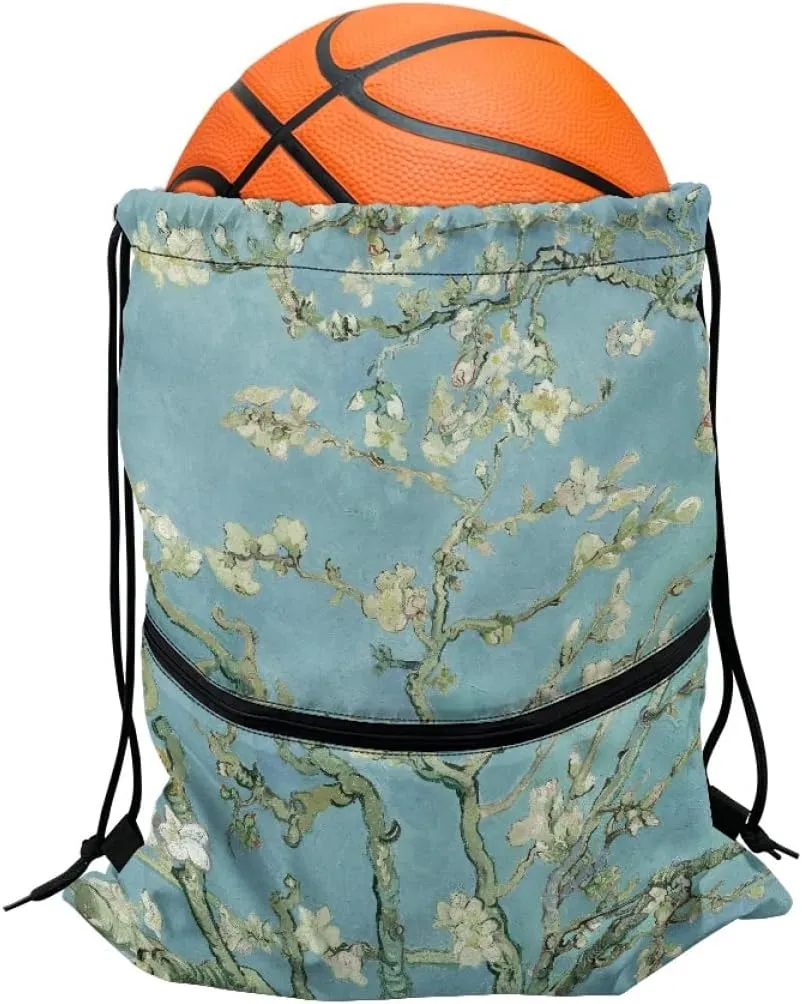 JooMeryer Adult Womens Mens Zip Drawstring Backpack Large Capacity Shoulder Sackpack for Gym Yoga Sport,Blossoming Almond Tree