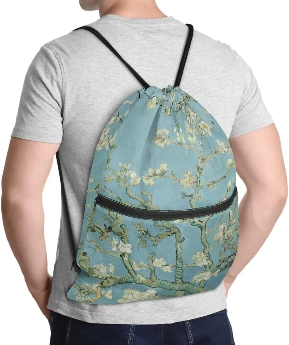 JooMeryer Adult Womens Mens Zip Drawstring Backpack Large Capacity Shoulder Sackpack for Gym Yoga Sport,Blossoming Almond Tree