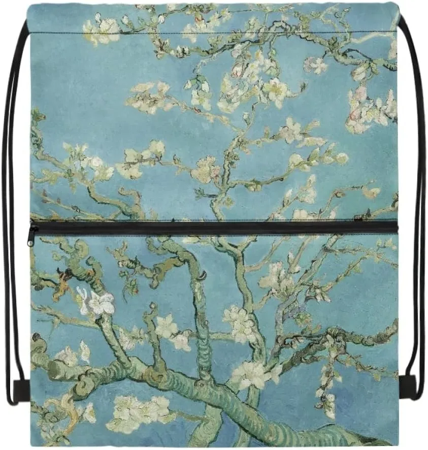 JooMeryer Adult Womens Mens Zip Drawstring Backpack Large Capacity Shoulder Sackpack for Gym Yoga Sport,Blossoming Almond Tree
