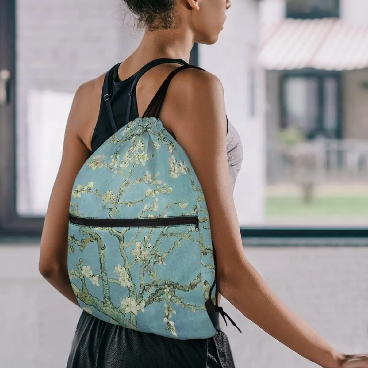 JooMeryer Adult Womens Mens Zip Drawstring Backpack Large Capacity Shoulder Sackpack for Gym Yoga Sport,Blossoming Almond Tree