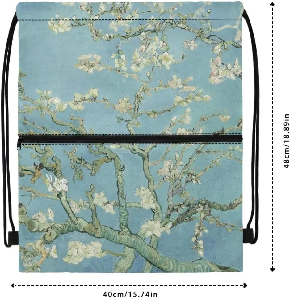 JooMeryer Adult Womens Mens Zip Drawstring Backpack Large Capacity Shoulder Sackpack for Gym Yoga Sport,Blossoming Almond Tree