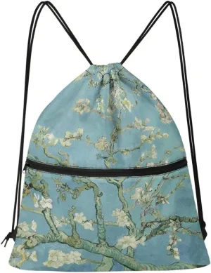 JooMeryer Adult Womens Mens Zip Drawstring Backpack Large Capacity Shoulder Sackpack for Gym Yoga Sport,Blossoming Almond Tree