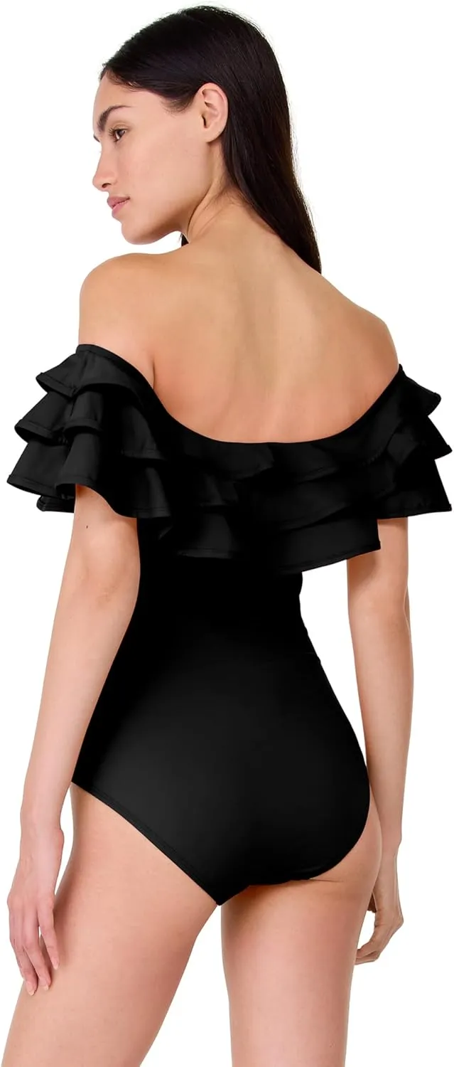 kate spade new york Women's Solid Ruffle Off The Shoulder One Piece