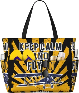 Keep Calm and Fly On Large Beach Tote Bag for Women Extra Large Capacity Waterproof Sandproof Pool Bag Suitable for Swimming Pool Gym Travel