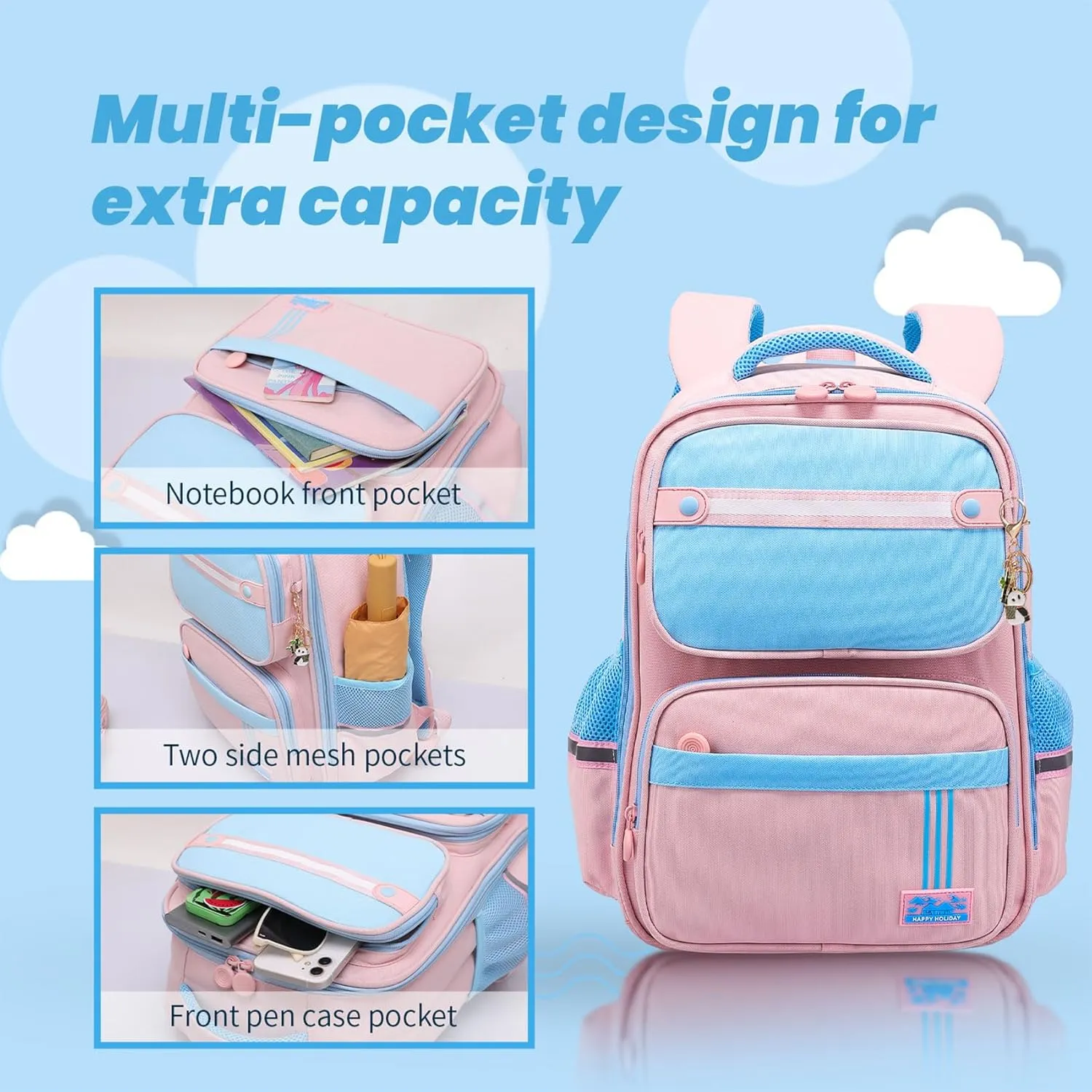 Kids Backpacks for Girls, Backpack for Elementary School Book Bags with Keychains Kawaii Travel Daypack Ages 6-8 (School Bag Pink)