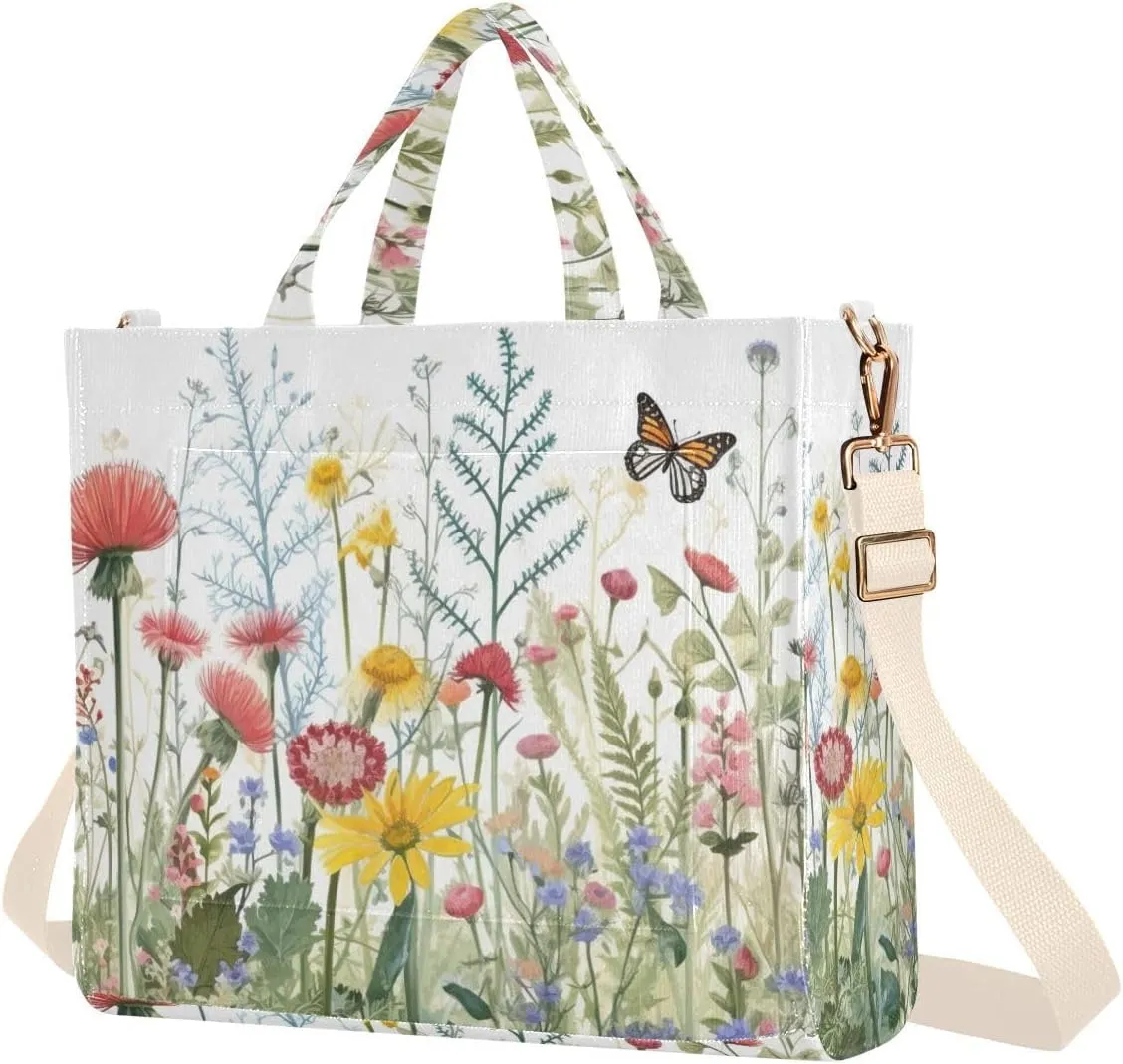 Kigai Herbs Flowers Corduroy Tote Bag for Women Hobo Crossbody Bag Purse Stylish Shoulder Handbag Messenger Bags, S