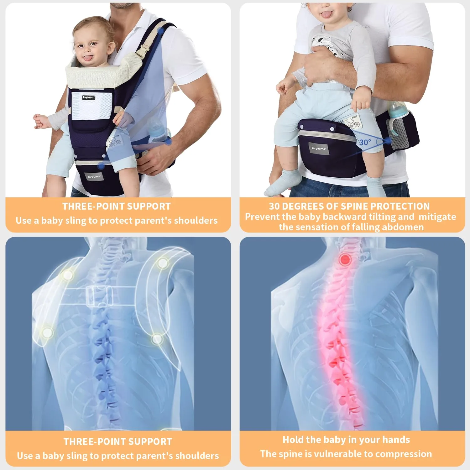KIYUMI Baby Carrier with Hip Seat, Ergonomic M Position, Newborn to Toddler, Head Support and Breathable Mesh,Adjustable Removable 6- in-1 Baby Baby Sling Carrier (7-45 lbs) for Mom Dad,Darkblue