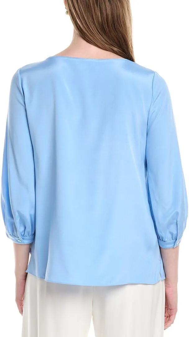 Lantern Sleeve V-Neck Silk-Blend Blouse
