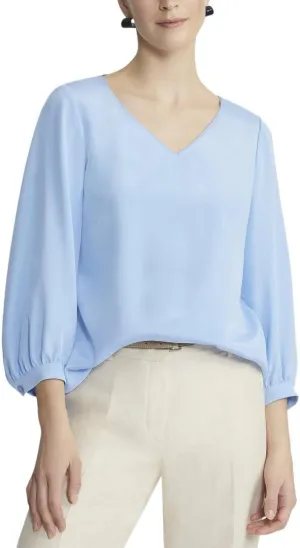 Lantern Sleeve V-Neck Silk-Blend Blouse